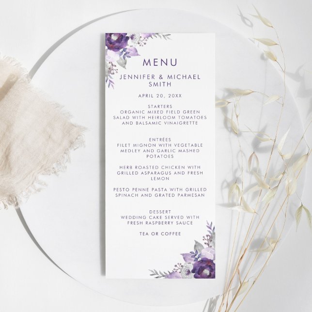 Lila und Silberfarben-Blumenmenü Menükarte (Purple and Silver Watercolor Floral Wedding Menu)