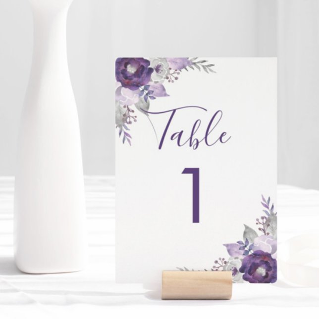 Lila und silberfarbene Hochzeit Tischnummer (Purple and Silver Watercolor Floral Wedding Table Number)