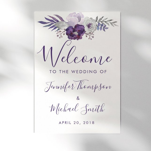 Lila und silberfarbene Hochzeitsfeier Poster (Purple & Silver Watercolor Floral Wedding Welcome Poster)