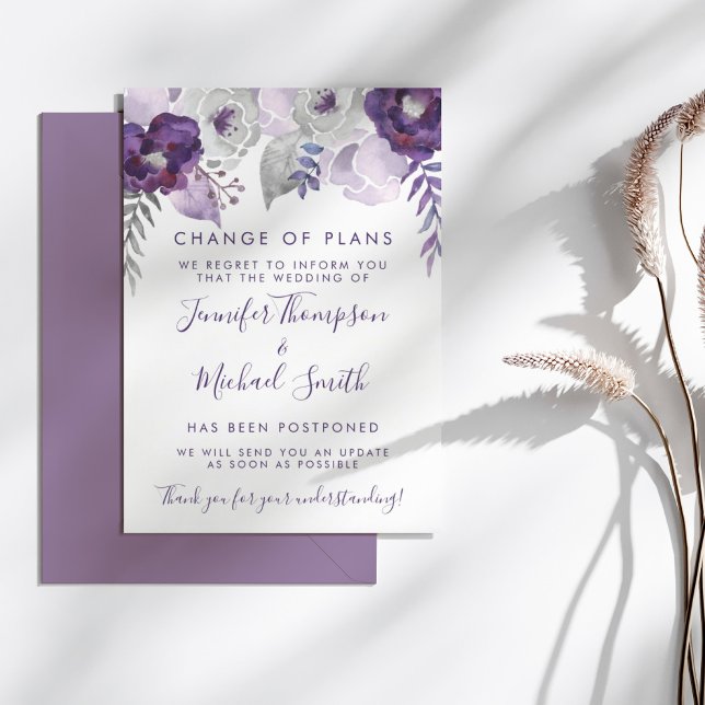 Lila und silberfarbene Hochzeitsplanung Einladung (Purple & Silver Watercolor Wedding Change of Plans)