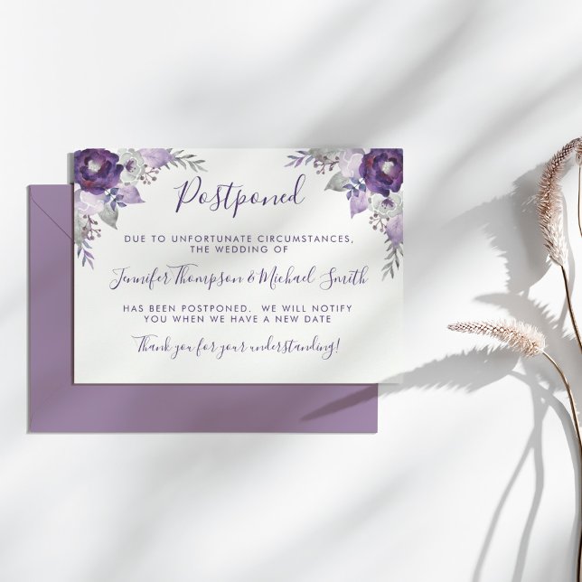 Lila und silberfarbene Hochzeitsplanung Einladung (Purple & Silver Watercolor Wedding Change of Plans Invitation)