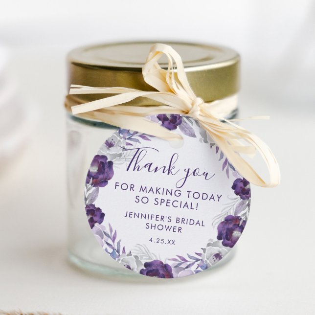 Lila und silberfarbenes Brautparty Geschenkanhänger (Purple and Silver Watercolor Floral Bridal Shower Favor Tags)