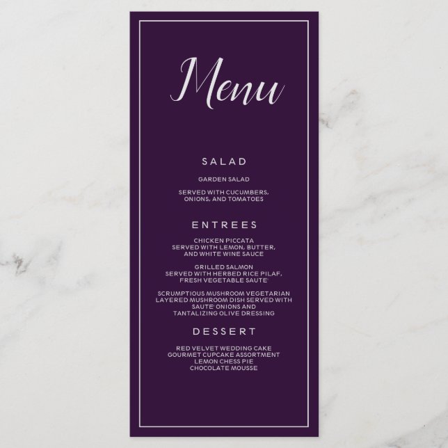 Lila und Silberhochzeitlicher Catering Menükarte (Vorderseite)