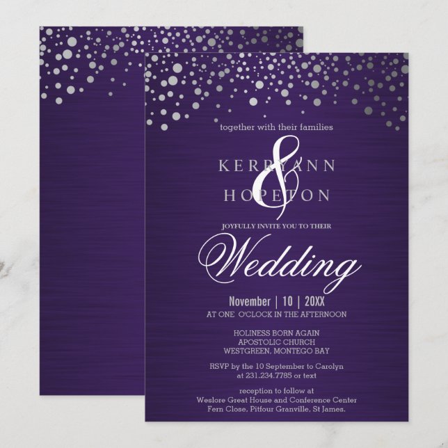 Lila und silberne Confetti Dots Einladung (Vorne/Hinten)