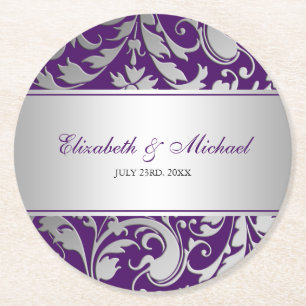 Lila und silberne Damaskus-Wirbel Hochzeit Runder Pappuntersetzer