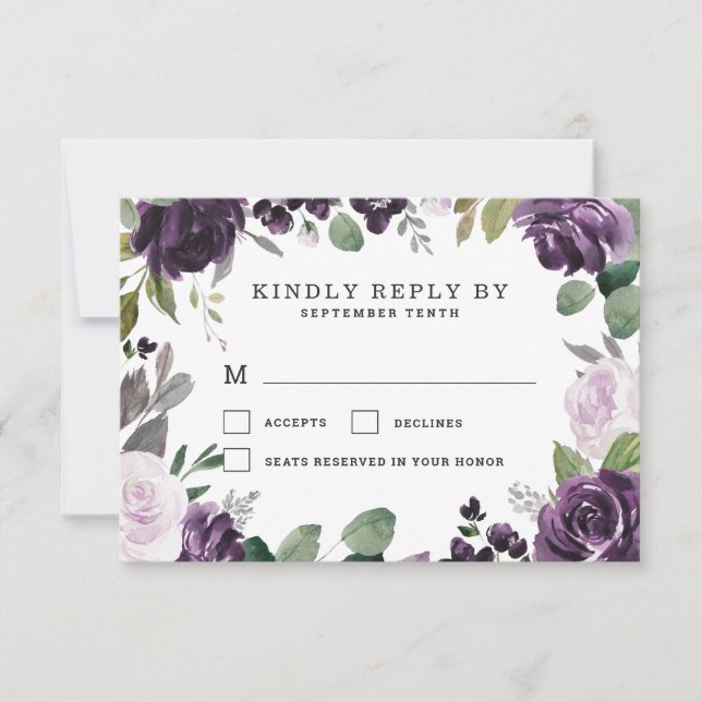 Lila und silberne elegante Blumenhochzeit RSVP Karte (Vorderseite)