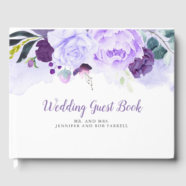 Lila und Silberne Glitzer Blumenhochzeit Gästebuch (Vorderseite)