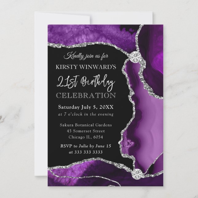 Lila und silberne Imitate Glitzer Agate Birthday Einladung (Vorderseite)