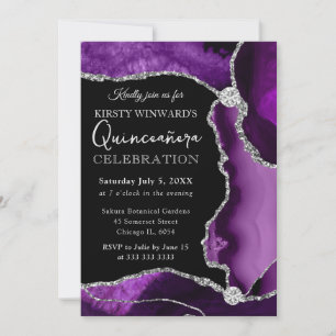 Lila und silberne Imitate Glitzer Agate Quinceaner Einladung