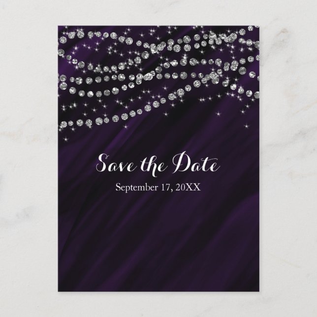 Lila und silberne Imitate Save the Date Diamantble Ankündigungspostkarte (Vorderseite)