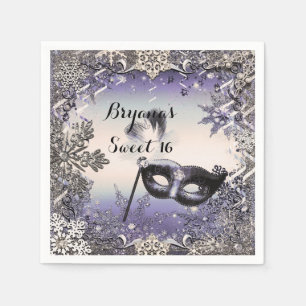 Lila und silberne Maskerade und Winterschneeflocke Serviette