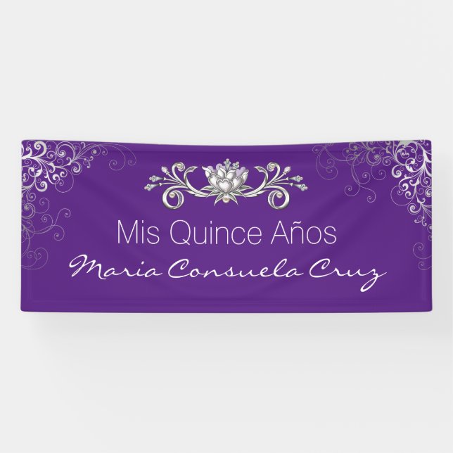 Lila und silberne Quinceanera Fahne Banner (Horizontal)