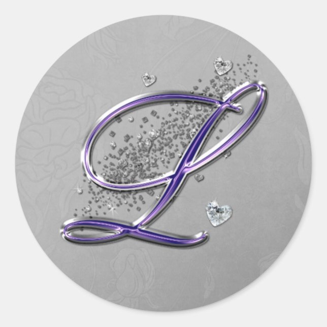 Lila und Silver Glitzer Extravagante Script Monogr Runder Aufkleber (Vorderseite)