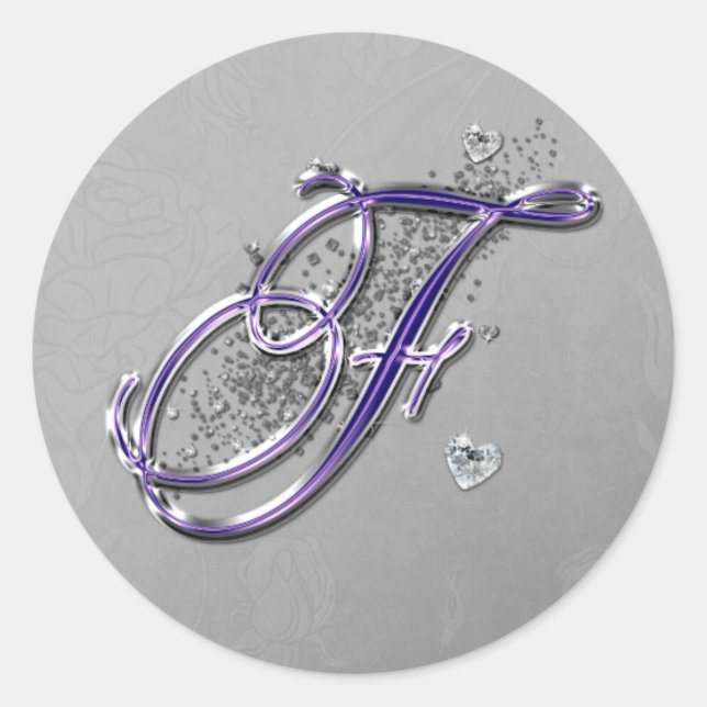 Lila und Silver Glitzer Extravagante Script Monogr Runder Aufkleber (Vorderseite)