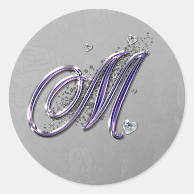 Lila und Silver Glitzer Extravagante Script Monogr Runder Aufkleber (Vorderseite)
