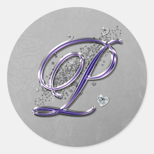 Lila und Silver Glitzer Extravagante Script Monogr Runder Aufkleber (Vorderseite)