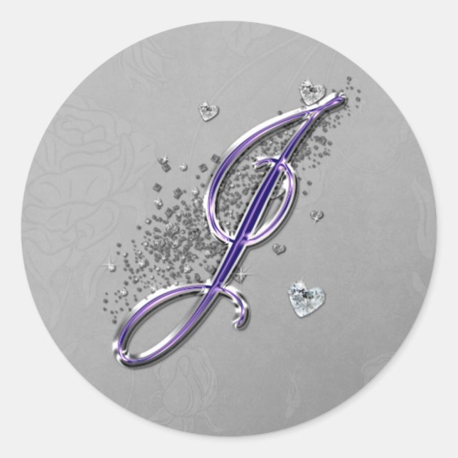 Lila und Silver Glitzer Extravagante Script Monogr Runder Aufkleber (Vorderseite)