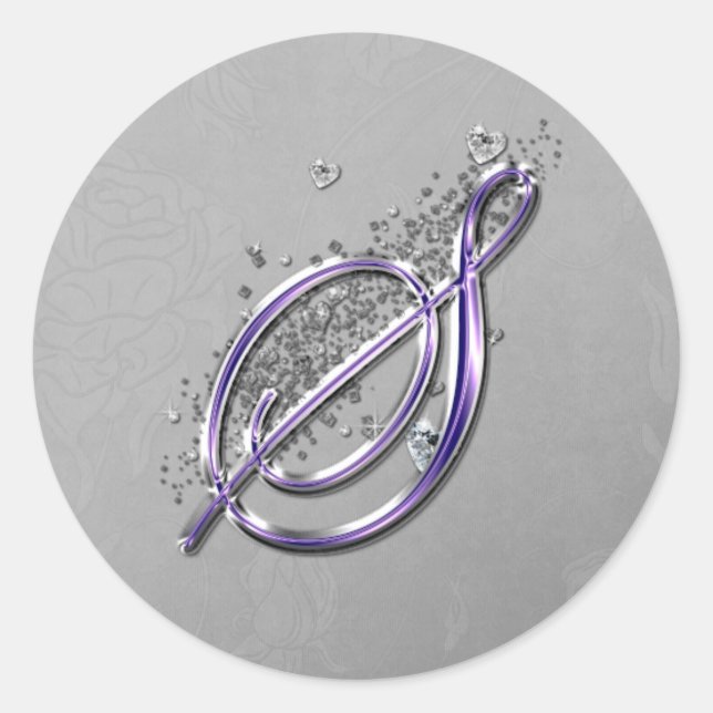 Lila und Silver Glitzer Extravagante Script Monogr Runder Aufkleber (Vorderseite)
