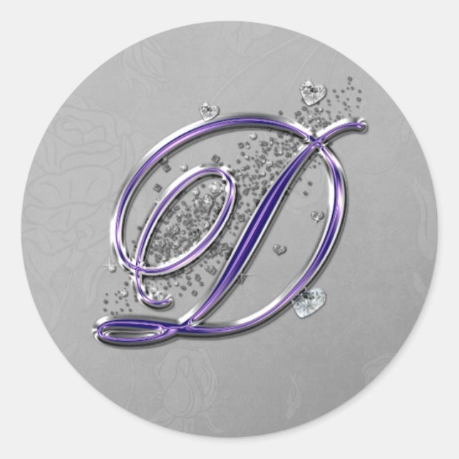 Lila und Silver Glitzer Extravagante Script Monogr Runder Aufkleber (Vorderseite)