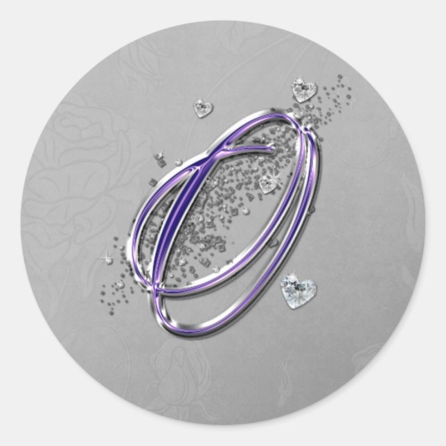 Lila und Silver Glitzer Extravagantes Script Monog Runder Aufkleber (Vorderseite)