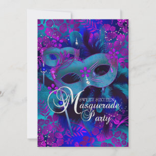 Lila und Türkis Florale Maskenball Sweet 16 Einlad Einladung