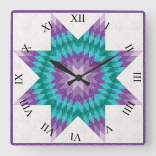 Lila und Türkis Lone Star Quilt Design Quadratische Wanduhr