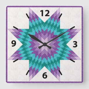 Lila und Türkis Lone Star Quilt Design Quadratische Wanduhr