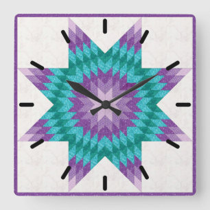 Lila und Türkis Lone Star Quilt Design Quadratische Wanduhr