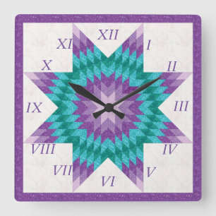Lila und Türkis Lone Star Quilt Design Quadratische Wanduhr