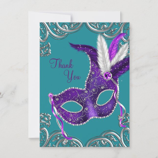 Lila und türkisblaue Masquerade Vielen Dank Dankeskarte (Vorderseite)