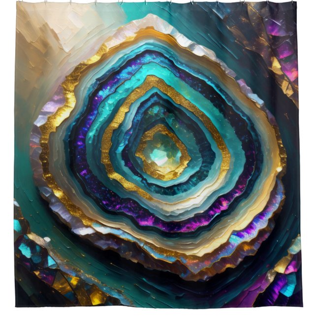Lila und türkisfarbene Geode Gold Duschvorhang (Vorderseite)