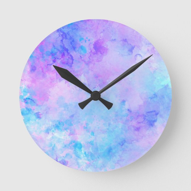Lila und türkisfarbene Wasserfarben Runde Wanduhr (Vorderseite)