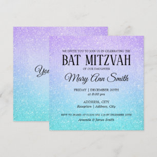 Lila und türkisfarbenes Bat Mitzvah Imitate Glitze Einladung