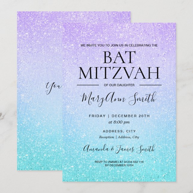 Lila und türkisfarbenes Bat Mitzvah Imitate Glitze Einladung (Vorne/Hinten)
