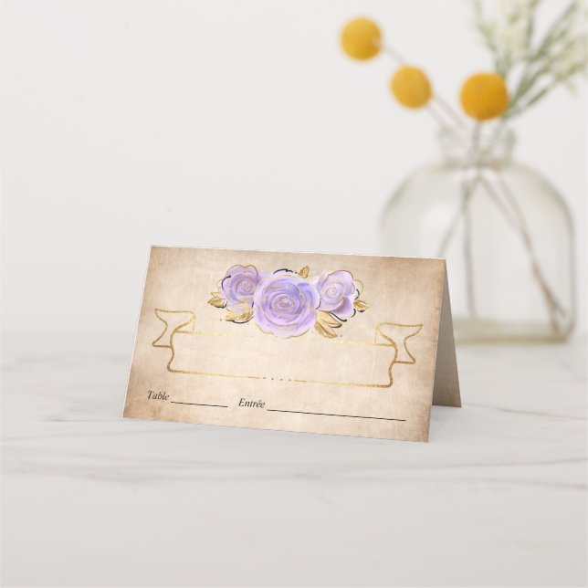 Lila und vergoldete Rose Platzkarte (Vorderseite)