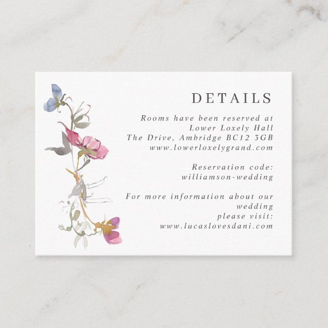 Lila und violette süße Erbsenhochzeit Details Encl Begleitkarte (Vorderseite)