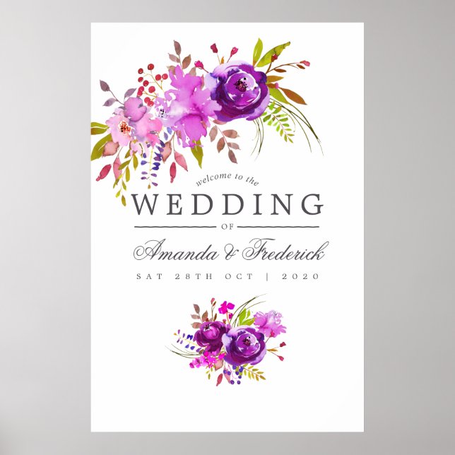 Lila und violette Wasserfarbenhochzeit Willkommen Poster (Vorne)