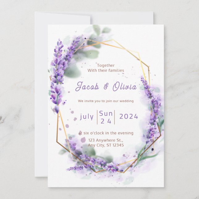 Lila und weiß mit Lavender Wreath Wedding Invi Einladung (Vorderseite)