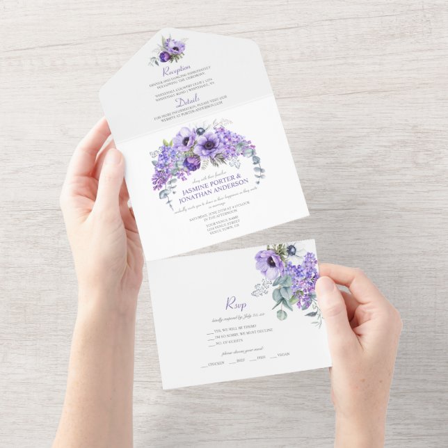 Lila und weiße Anemone, Lila Lilacs | All In One Einladung (Abreißen)