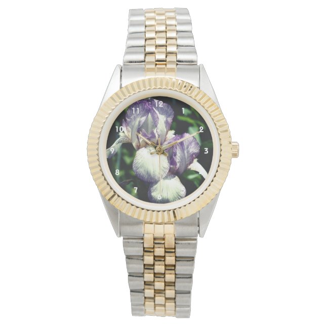 Lila und weiße Blume Iris   Armbanduhr (Vorderseite)