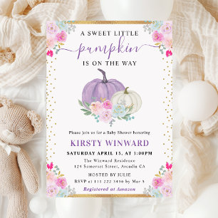 Lila und weiße Blumen-Kürbisse Herbst-Baby-Party Einladung