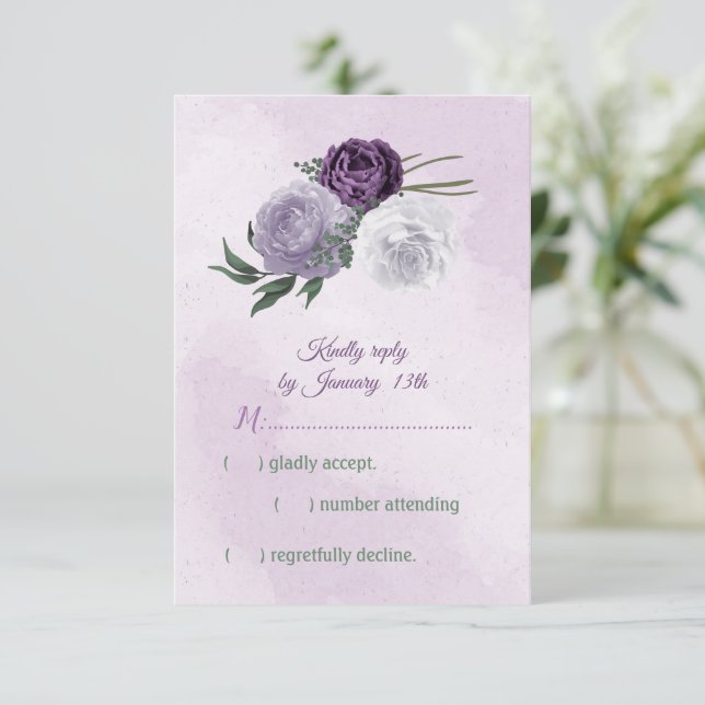 lila und weiße Blumen RSVP Karte (Stehend Vorderseite)