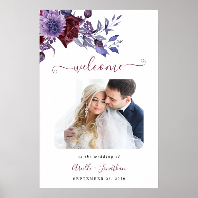 Lila und weiße Blumenhochzeit Begrüßungszeichen Fo Poster (Vorne)