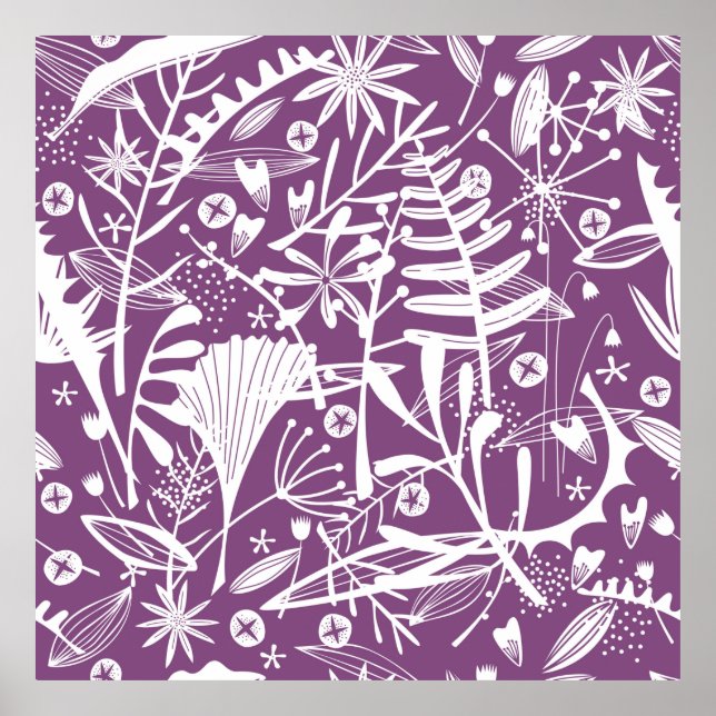 Lila und weiße botanische Silhouetten Poster (Vorne)
