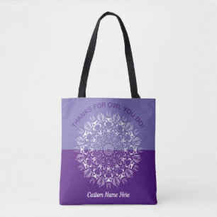 Lila und weiße Eulen-Mandala zur Lehrererkenntlich Tasche