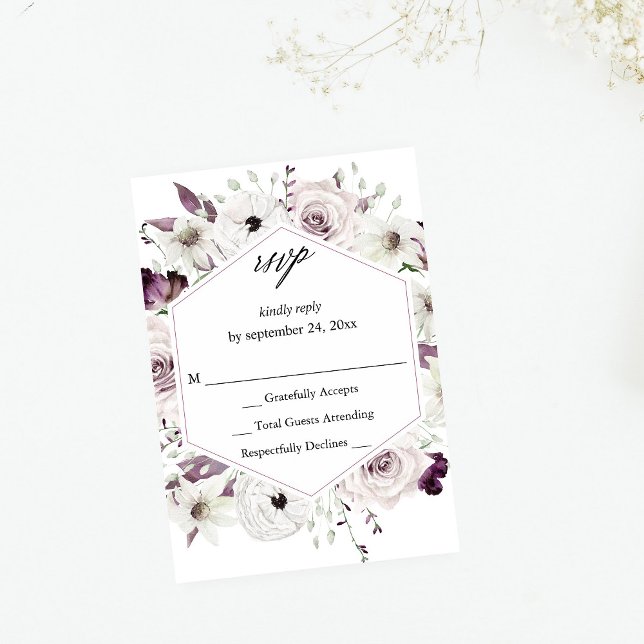 Lila und weiße Flora ni Mahlzeiten UAWG VER RSVP Karte (Von Creator hochgeladen)