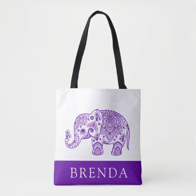 Lila und weiße Flora Paisley Elephant Tote Bag Tasche (Vorderseite)