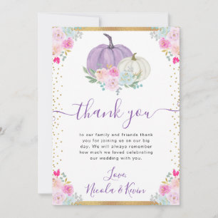 Lila und weiße florale Kürbisse Herbsthochzeit Dankeskarte