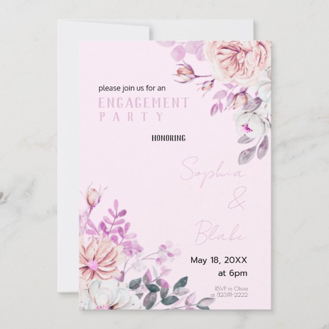 Lila und weiße, floralrosa engagierte Partei Einladung (Vorderseite)