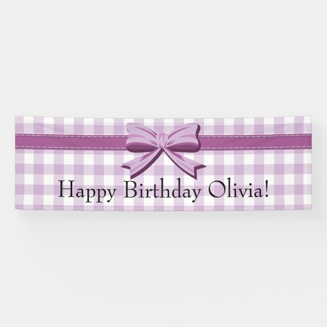Lila und weiße Gingham mit Bow Birthday Banner (Horizontal)